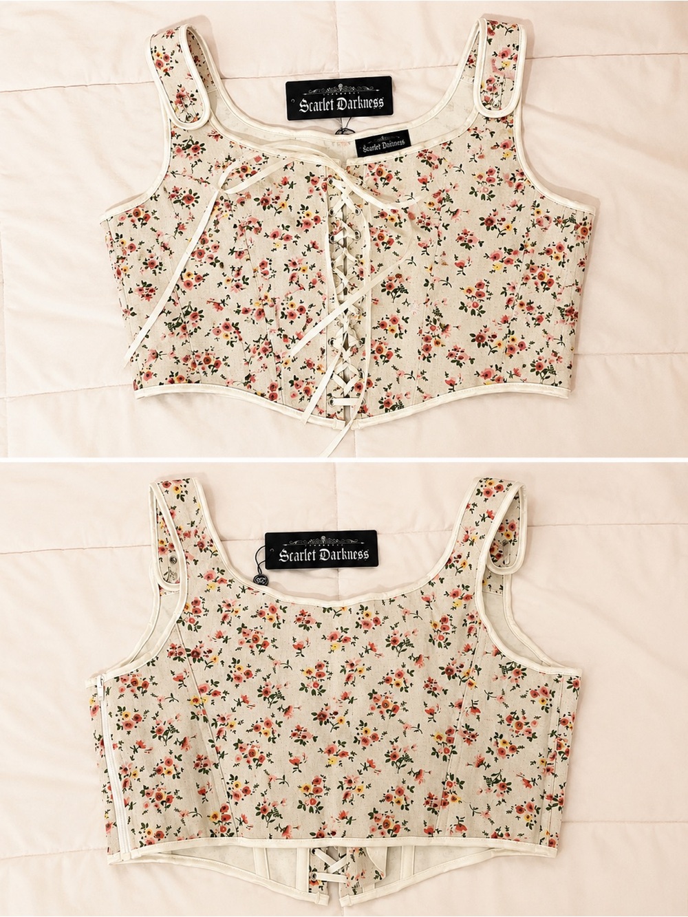 Scarlet Darkness Cream Floral Lace-Up Crop Top